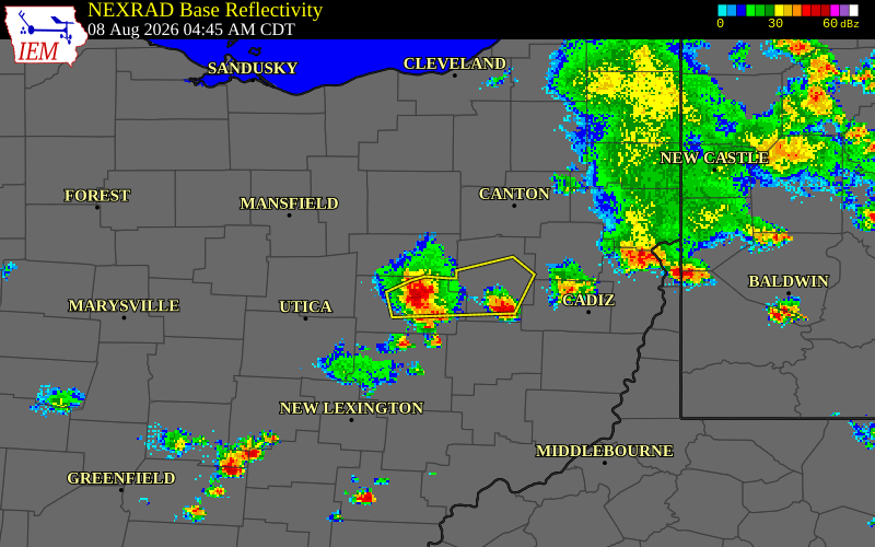 NEXRAD radar during the Saturday, August 8, 2026 storm activity in Holmes County, Ohio
