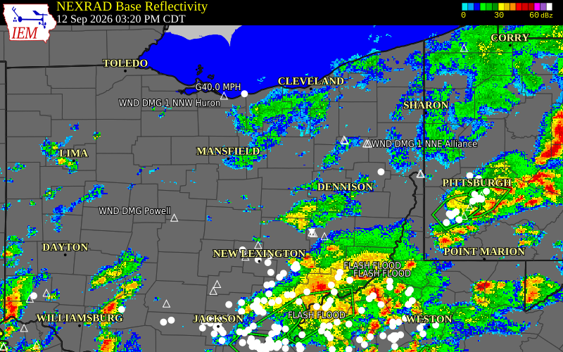 Current NEXRAD radar over Holmes County, Ohio with recent storm report locations