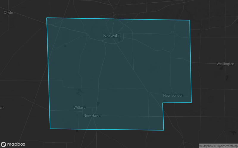 Map of Huron County, Ohio showing the county boundary and surrounding cities