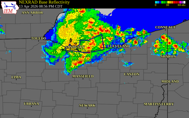 NEXRAD radar during the Monday, April 13, 2026 storm activity in Huron County, Ohio