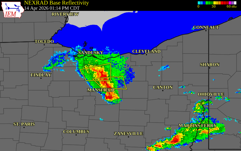 NEXRAD radar during the Tuesday, April 14, 2026 storm activity in Huron County, Ohio