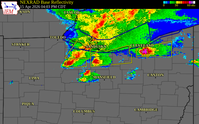 NEXRAD radar during the Wednesday, April 15, 2026 storm activity in Huron County, Ohio