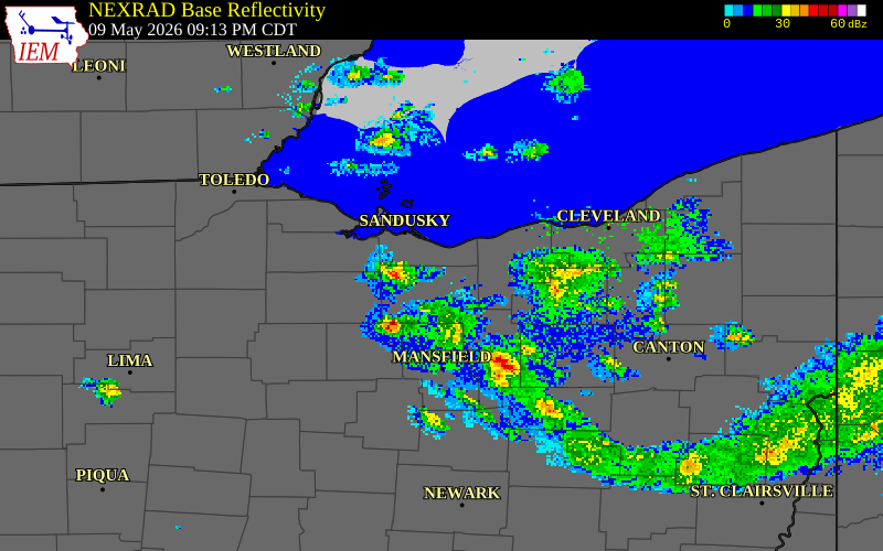 NEXRAD radar during the Saturday, May 9, 2026 storm activity in Huron County, Ohio