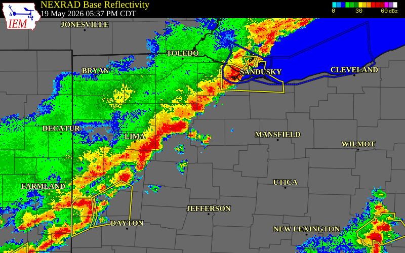 NEXRAD radar during the Tuesday, May 19, 2026 storm activity in Huron County, Ohio