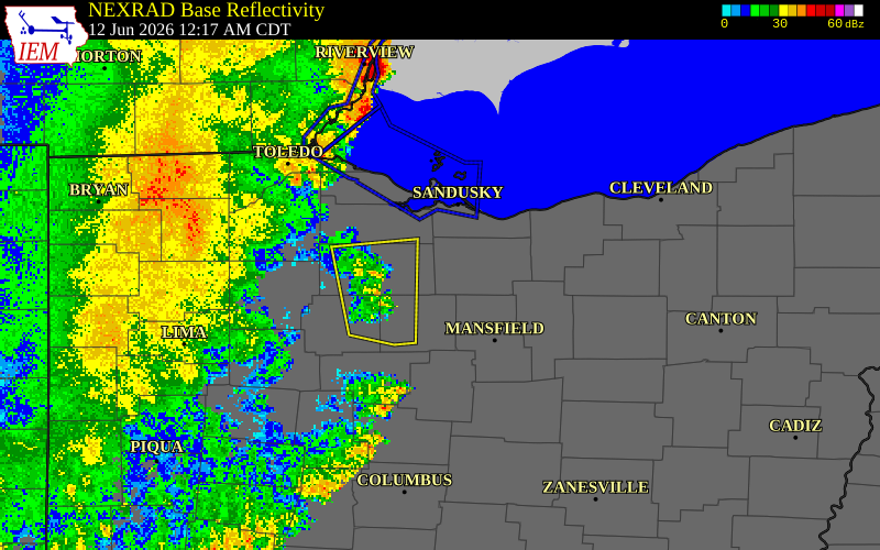 NEXRAD radar during the Friday, June 12, 2026 storm activity in Huron County, Ohio