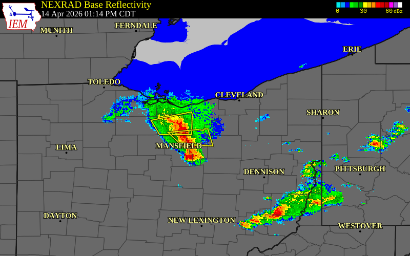 Radar snapshot during the Apr 14, 2026 wind event near Huron County, Huron County, Ohio, with NWS warning polygons