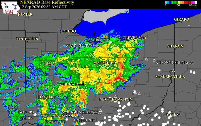 Current NEXRAD radar over Huron County, Ohio with recent storm report locations