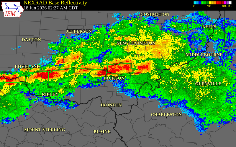 NEXRAD radar during the Thursday, June 18, 2026 storm activity in Jackson County, Ohio