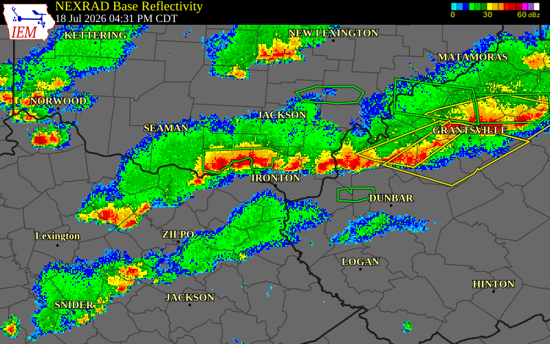 NEXRAD radar during the Saturday, July 18, 2026 storm activity in Jackson County, Ohio