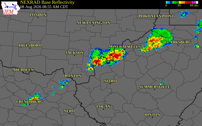 NEXRAD radar during the Saturday, August 8, 2026 storm activity in Jackson County, Ohio