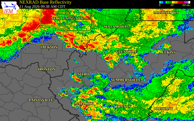 NEXRAD radar during the Tuesday, August 11, 2026 storm activity in Jackson County, Ohio