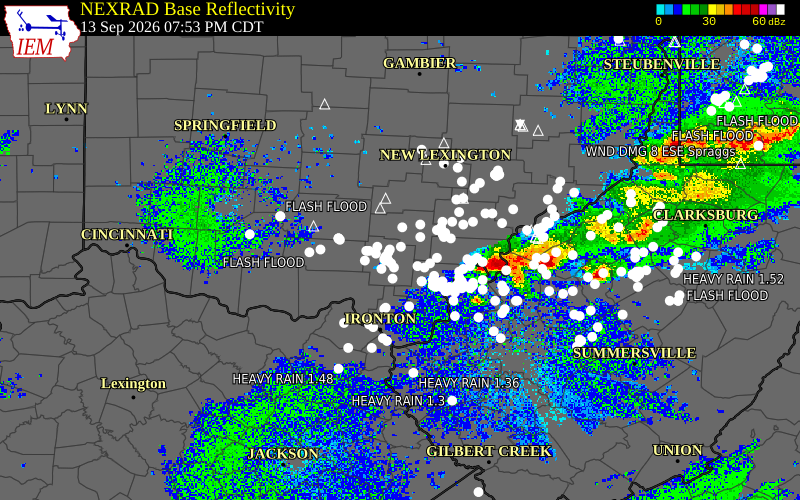 Current NEXRAD radar over Jackson County, Ohio with recent storm report locations