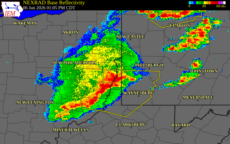 NEXRAD radar during the Saturday, June 6, 2026 storm activity in Jefferson County, Ohio