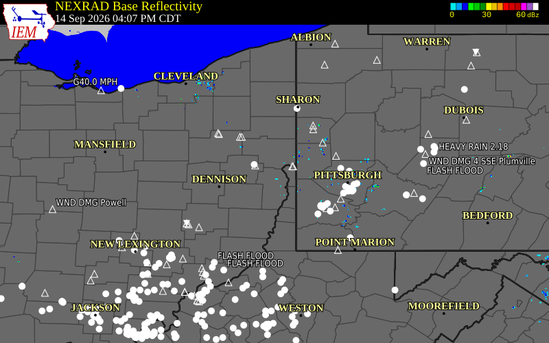 Current NEXRAD radar over Jefferson County, Ohio with recent storm report locations