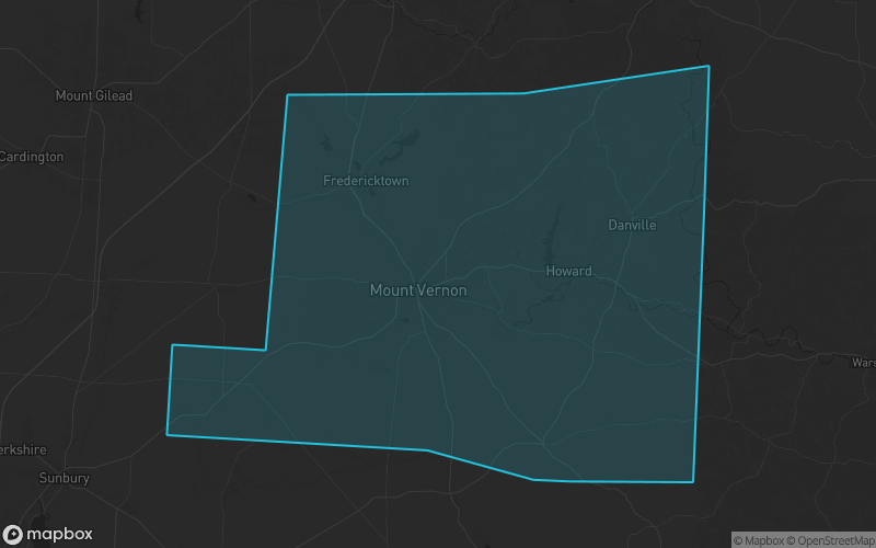 Map of Knox County, Ohio showing the county boundary and surrounding cities