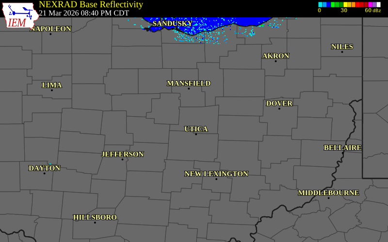 NEXRAD radar during the Saturday, March 21, 2026 storm activity in Knox County, Ohio