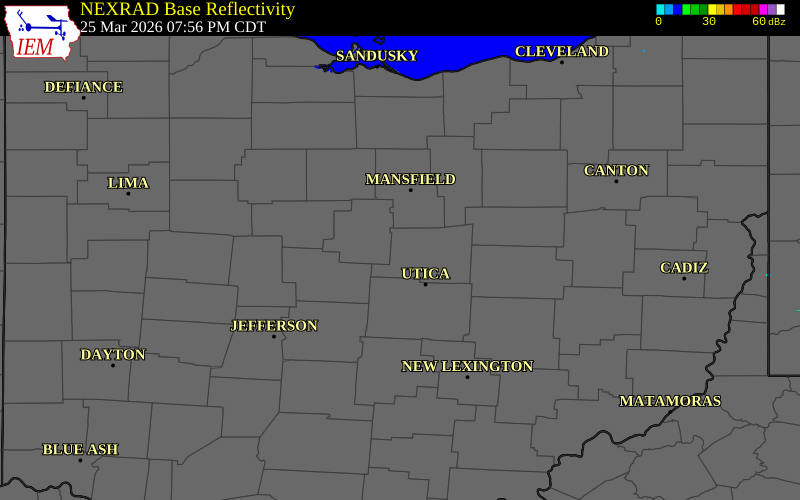 NEXRAD radar during the Wednesday, March 25, 2026 storm activity in Knox County, Ohio