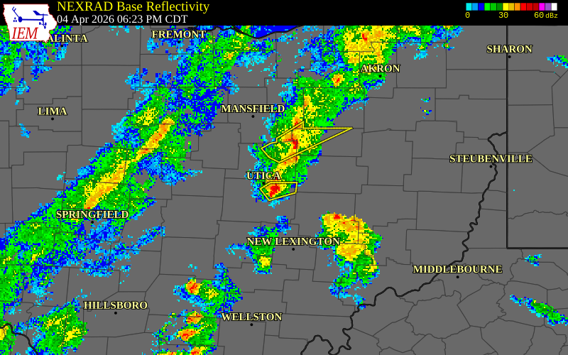 NEXRAD radar during the Saturday, April 4, 2026 storm activity in Knox County, Ohio
