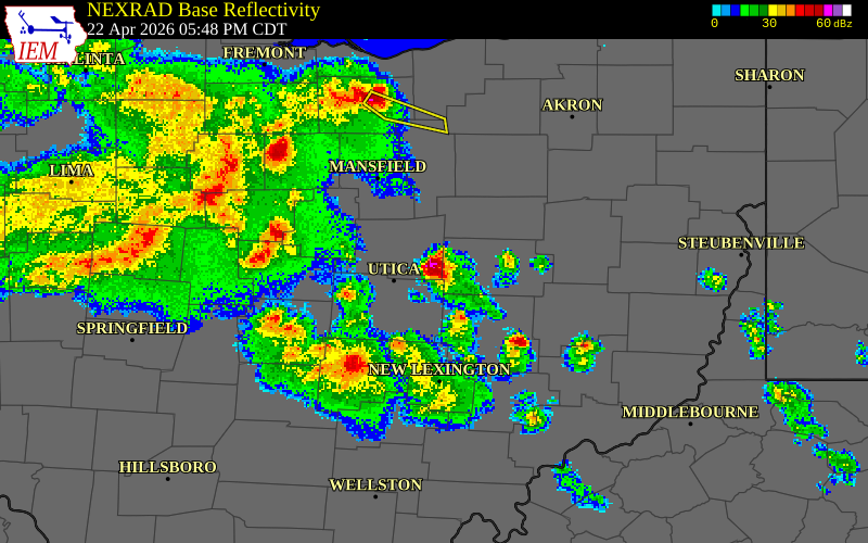 NEXRAD radar during the Wednesday, April 22, 2026 storm activity in Knox County, Ohio