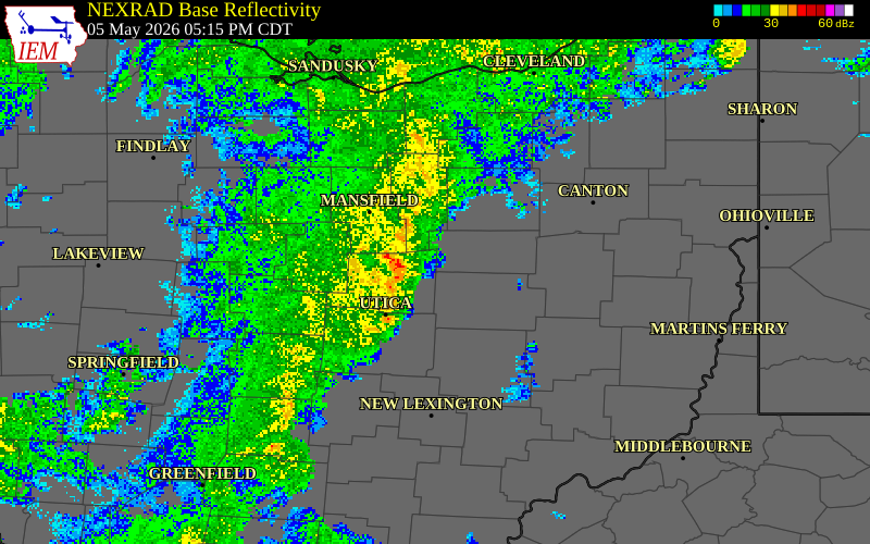 NEXRAD radar during the Tuesday, May 5, 2026 storm activity in Knox County, Ohio