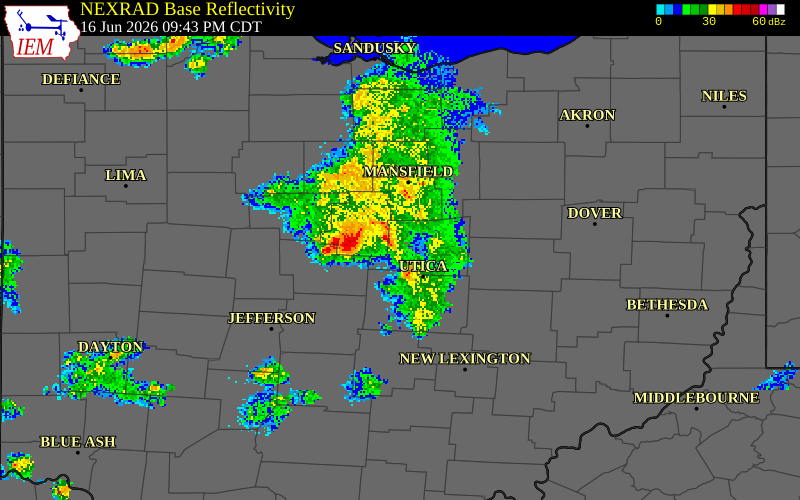 NEXRAD radar during the Tuesday, June 16, 2026 storm activity in Knox County, Ohio