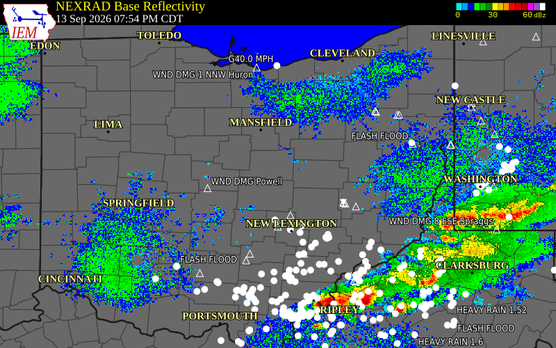 Current NEXRAD radar over Knox County, Ohio with recent storm report locations