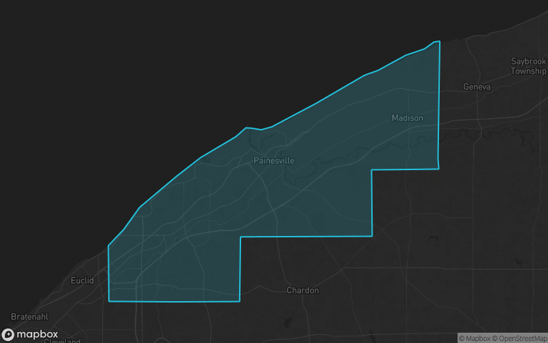 Map of Lake County, Ohio showing the county boundary and surrounding cities