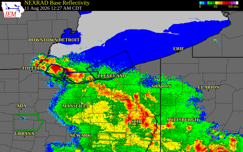 Radar snapshot during the Aug 11, 2026 wind event near Lake County, Lake County, Ohio, with NWS warning polygons