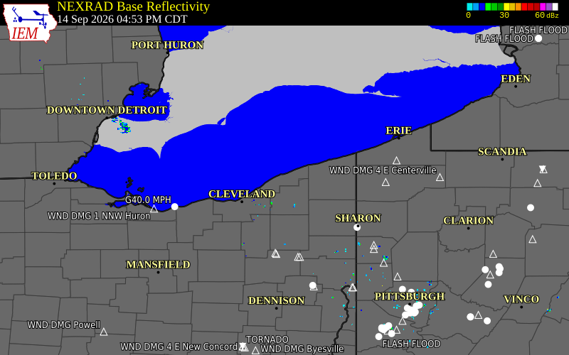 Current NEXRAD radar over Lake County, Ohio with recent storm report locations