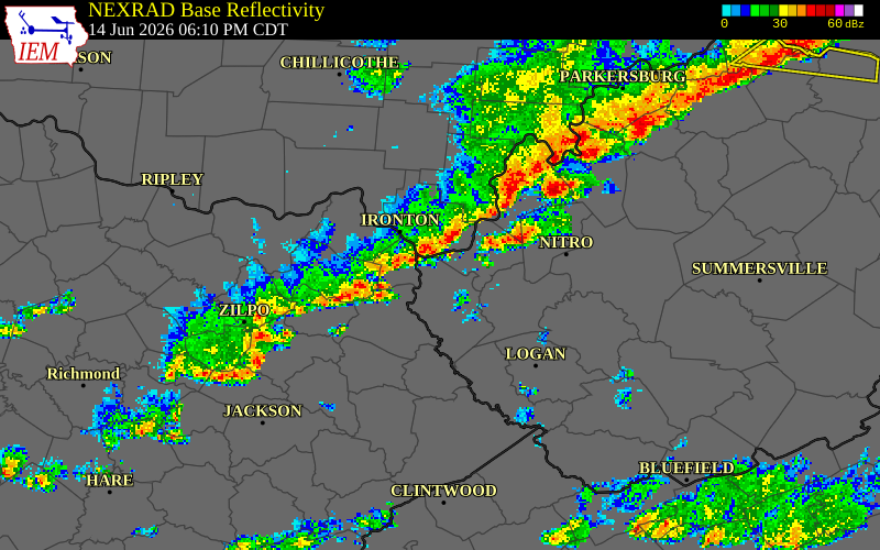 NEXRAD radar during the Sunday, June 14, 2026 storm activity in Lawrence County, Ohio