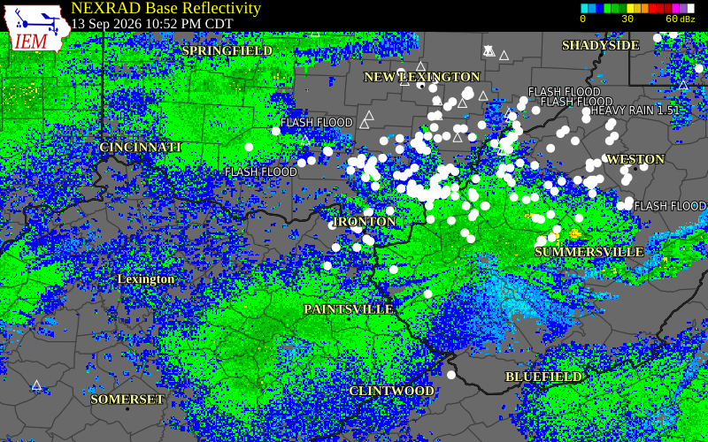Current NEXRAD radar over Lawrence County, Ohio with recent storm report locations