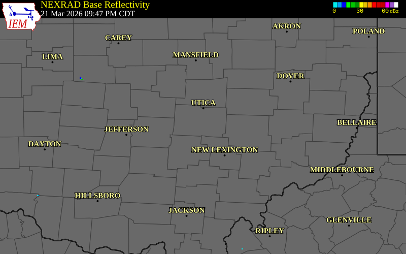 NEXRAD radar during the Saturday, March 21, 2026 storm activity in Licking County, Ohio