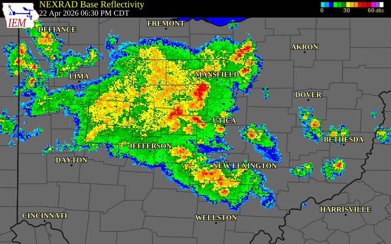 NEXRAD radar during the Wednesday, April 22, 2026 storm activity in Licking County, Ohio