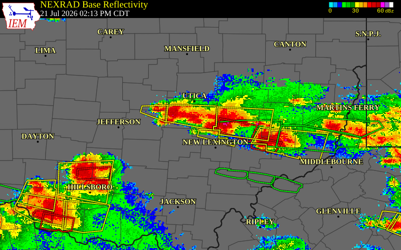 NEXRAD radar during the Tuesday, July 21, 2026 storm activity in Licking County, Ohio