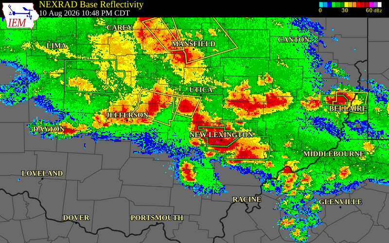 NEXRAD radar during the Monday, August 10, 2026 storm activity in Licking County, Ohio