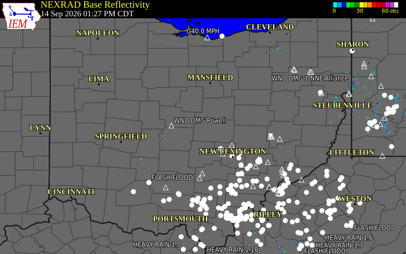 Current NEXRAD radar over Licking County, Ohio with recent storm report locations