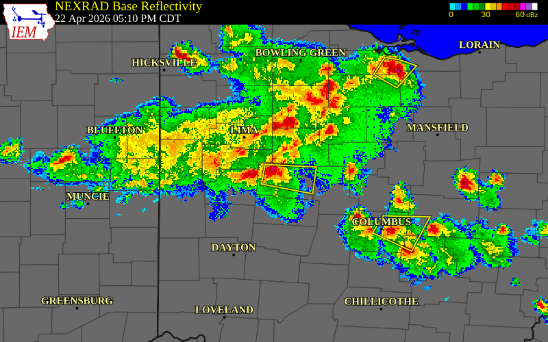 NEXRAD radar during the Wednesday, April 22, 2026 storm activity in Logan County, Ohio