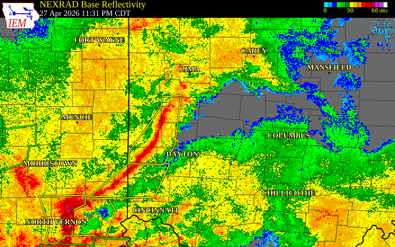 NEXRAD radar during the Tuesday, April 28, 2026 storm activity in Logan County, Ohio