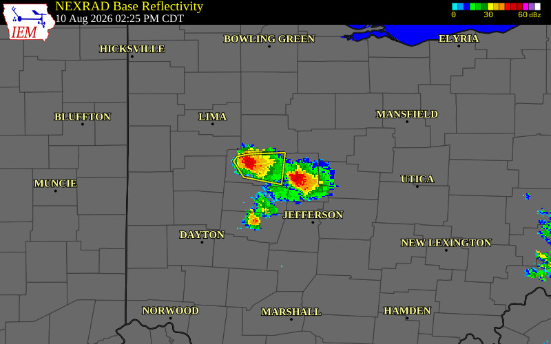 NEXRAD radar during the Monday, August 10, 2026 storm activity in Logan County, Ohio