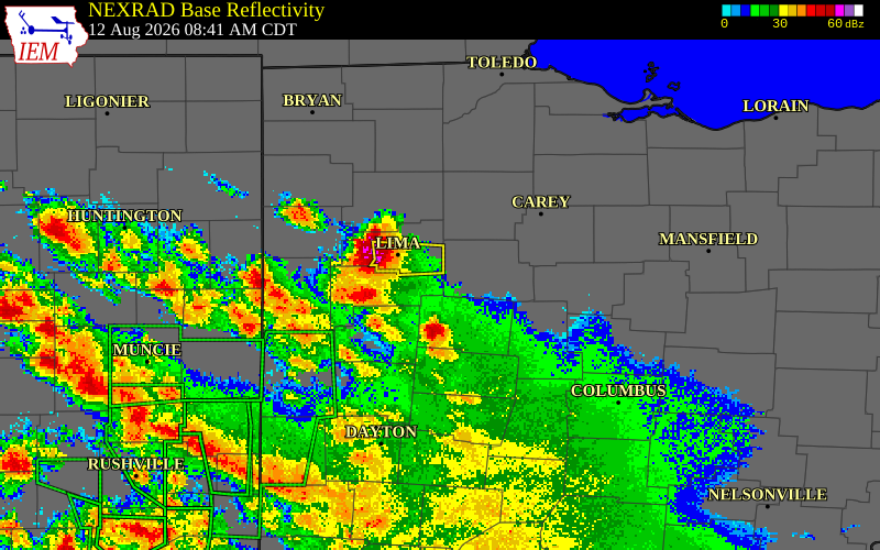 NEXRAD radar during the Wednesday, August 12, 2026 storm activity in Logan County, Ohio
