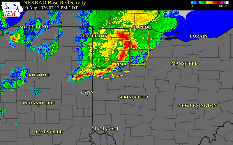Radar snapshot during the Aug 9, 2026 wind event near Logan County, Logan County, Ohio, with NWS warning polygons