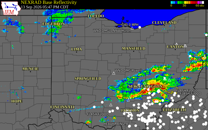 Current NEXRAD radar over Logan County, Ohio with recent storm report locations