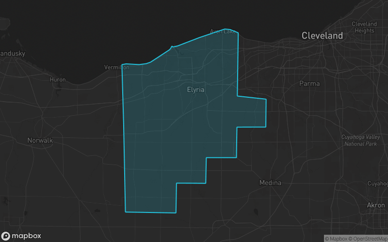 Map of Lorain County, Ohio showing the county boundary and surrounding cities