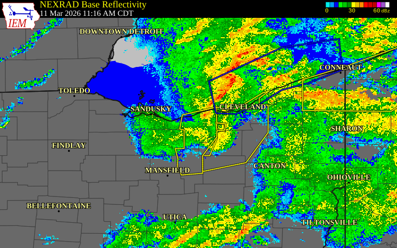 NEXRAD radar during the Wednesday, March 11, 2026 storm activity in Lorain County, Ohio