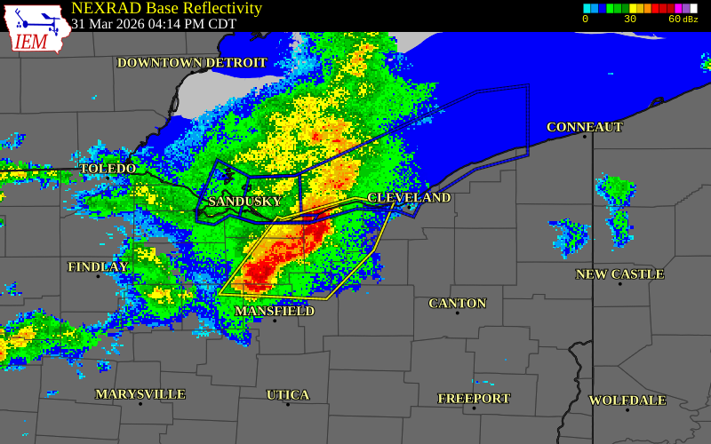 NEXRAD radar during the Tuesday, March 31, 2026 storm activity in Lorain County, Ohio