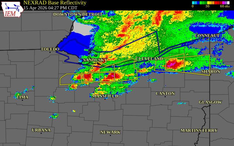 NEXRAD radar during the Wednesday, April 15, 2026 storm activity in Lorain County, Ohio