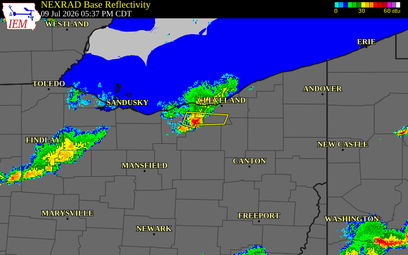 NEXRAD radar during the Thursday, July 9, 2026 storm activity in Lorain County, Ohio