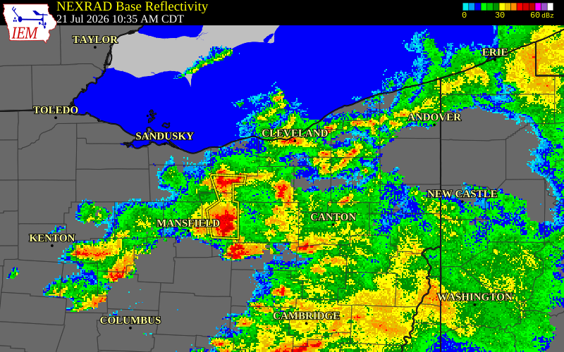 NEXRAD radar during the Tuesday, July 21, 2026 storm activity in Lorain County, Ohio