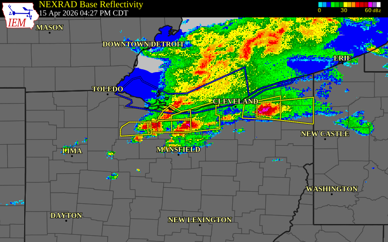 Radar snapshot during the Apr 15, 2026 hail event near Kipton, Lorain County, Ohio, with NWS warning polygons