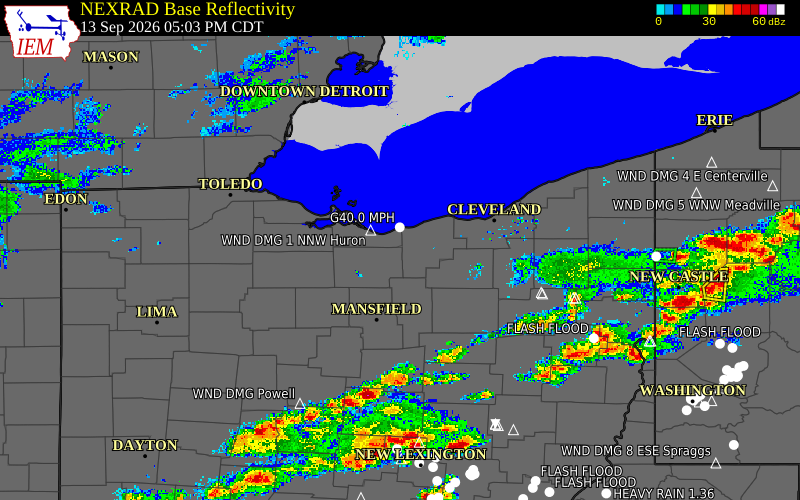 Current NEXRAD radar over Lorain County, Ohio with recent storm report locations